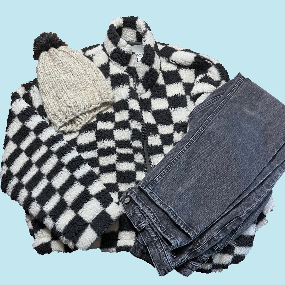 Black and White Checkered Faux Fur Coat